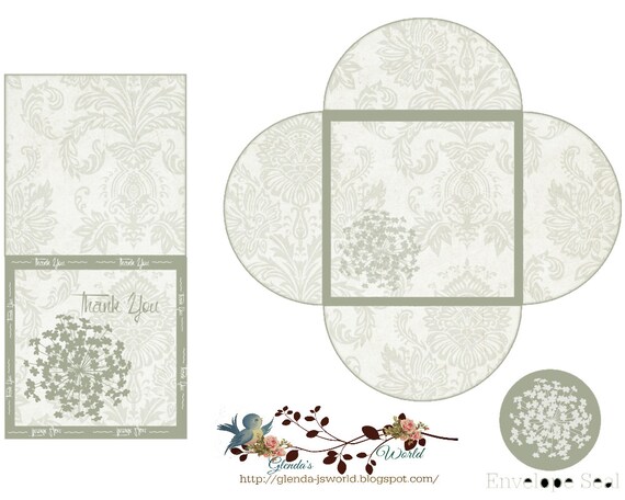 sage green damask thank you note card and envelope in two etsy