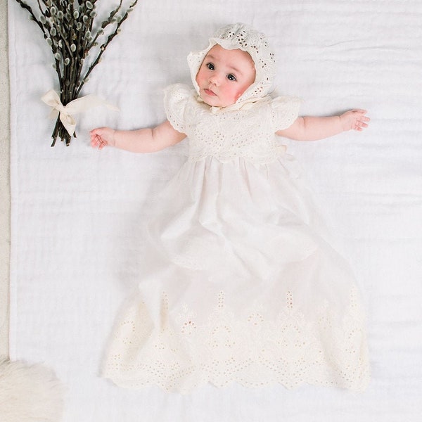 SALE- Baby Girl Christening Gown 'Ingrid' | Cotton Lace Blessing Gown | Vintage Inspired Baptism Outfit | Ivory Cotton Gown | FINAL SALE