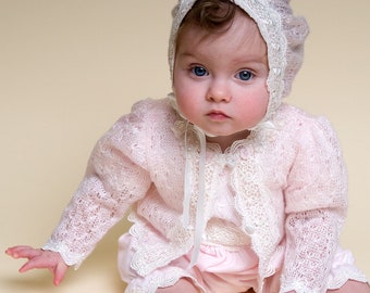 Suéter de punto rosa para bebé / Cárdigan de bautizo con encaje 'Belle' / Oferta