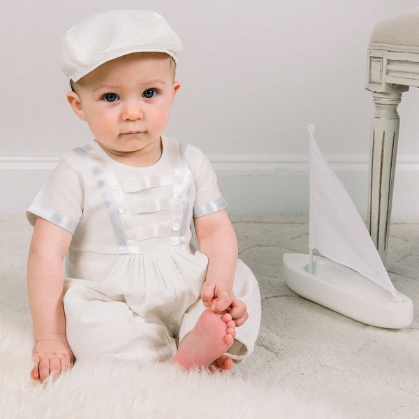 SALE - Baby Boy Ivory Linen Jumpsuit 'Owen' | Boys Baptism Linen Romper | Boys Linen Christening Outfit | Ivory Boy Romper | FINAL SALE