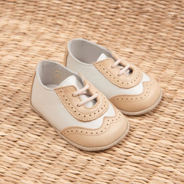 SALE - Baby Boys Leather Wingtip Shoes | Baby Boy Beige & Ivory Shoes | SAMPLE SALE | New with Small Imperfections | Final Sale