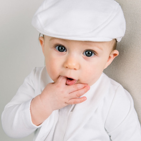 Baby Boy Newsboy Cap White 'Miles' | Baby Boy Christening & Baptism Hats | White French Cotton Newsboy Cap | Baby Boy Blessing Newsboy Cap