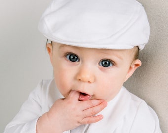 Baby Boy Newsboy Cap White 'Miles' | Baby Boy Christening & Baptism Hats | White French Cotton Newsboy Cap | Baby Boy Blessing Newsboy Cap