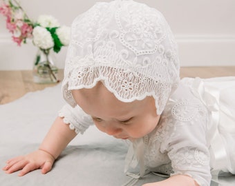 Baby Girl Lace Bonnet &#39;Eliza&#39; | Newborn Girl Bonnets | Christening & Baptism Bonnets | Baby Girl Ruffled Lace Bonnet | Baby Girl Bonnets