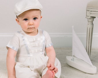 SALE - Baby Boy Ivory Linen Jumpsuit 'Owen' | Boys Baptism Linen Romper | Boys Linen Christening Outfit | Ivory Boy Romper | FINAL SALE