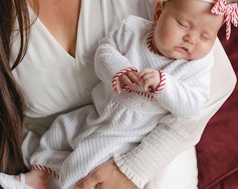 Quilted Baby Christmas Romper | Holiday Jumpsuit with Venice Lace