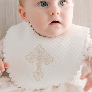 Girls Cross Embroidery Bib | Christening & Baptism Bibs | White or Ivory | Christening Gifts