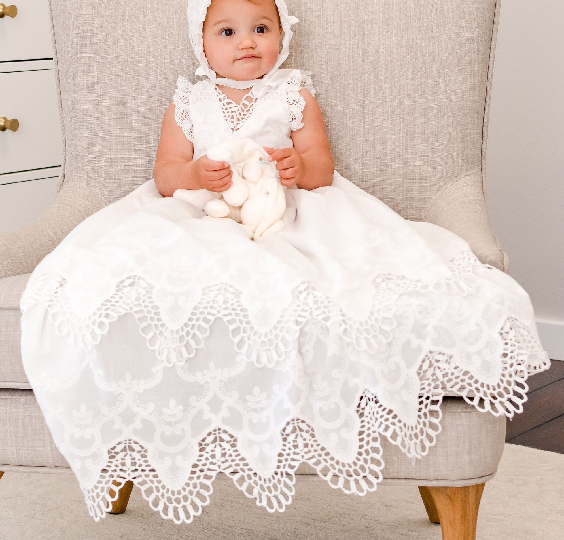 Lace Christening Gown 'Lily' Light Ivory Cotton Baby Girl Dress Baptism Dresses New with Imperfections - Sale
