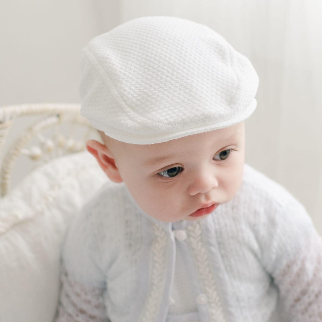 Textured Cotton Baby Newsboy Cap – Handmade White Christening Hat ...