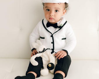 Baby Boy Wedding Suit | White Jacket, Black Pants & Bodysuit | 'James' Collection