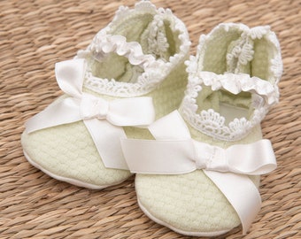 Baby Girls Cotton Booties 'Emily' | Light Green Cotton Booties | Girls Baby Booties | Baptism & Christening Booties | FINAL SALE