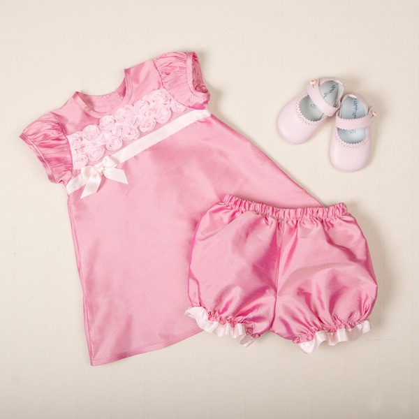 SALE | Baby Girl 100% Silk Dress & Bloomers Set | Baby Holiday Dress | Toddler Silk Dress | Pink Silk Holiday Baby Dress | Final Sale