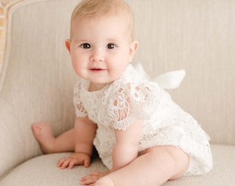 Lace Baby Romper 'Lola' | Girls Baptism & Blessing Outfit | Baby Girl Outfits | New with Imperfections - Sale