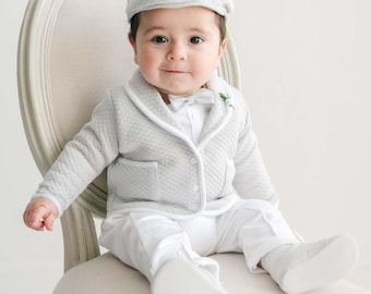 Baby Boy Christening Outfit - White & Grey Cotton | New with Small Imperfections | Grayson Suit