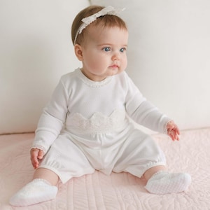 Sample Sale | Baby Girl Romper &#39;Hailey&#39; | White Textured Cotton Girls Romper | Baby Blessing Outfit | Includes - Romper Only - FINAL SALE