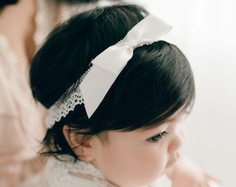 Baby Girl Christening Headband | Ivory Lace, Silk Bow | 'Penelope'