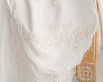 Baptism Blanket Baby Girls | Christening Shawl | Baby Girls Christening Blankets | Custom Name Embroidery Baby Blanket | Penelope Blanket
