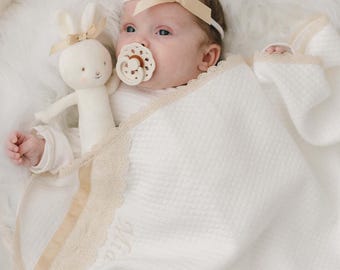 Quilted Baby Blanket | Ivory Cotton, Champagne Lace & Silk, Personalized | 'Mia' Collection