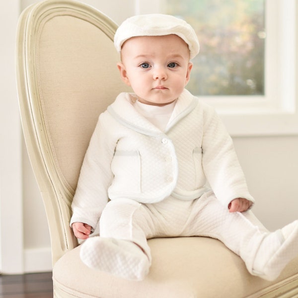 SALE | Baby Boy Christening Suit 'Harrison' | White Cotton Baptism Suit | Blue Linen Trim Suit | Boys Cotton Blessing Outfit | FINAL SALE