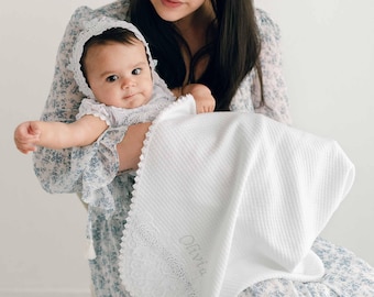 Baby Girl Christening Blanket | White Cotton Lace, Personalized Embroidery | 'Olivia' Collection