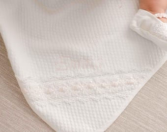 Personalized Christening Blanket | Quilted Cotton, Ivory Lace | 'Emma' Collection