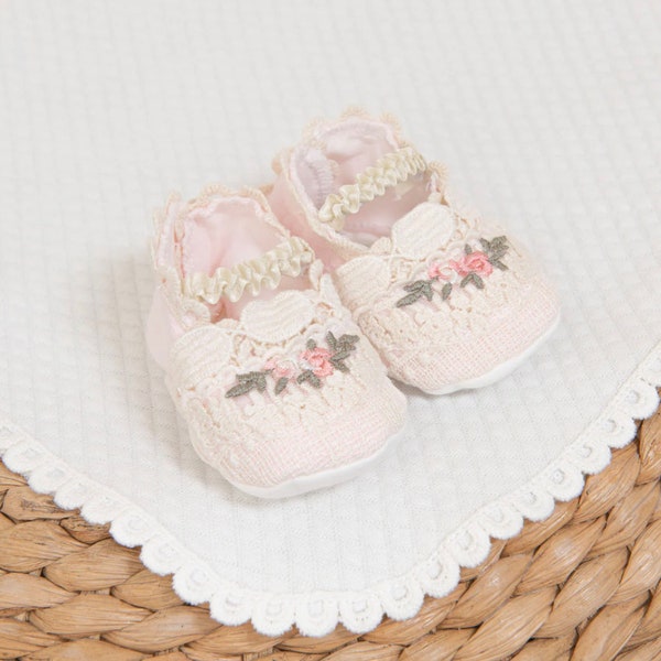 SALE Baby Girl Booties 'Natalie' | Pink Natural Cotton Lace Booties | Crib Shoes Girl | Baby Girl Christening & Baptism | Girls Bootie -PINK