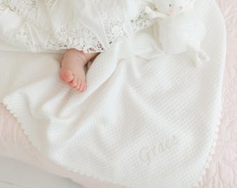 Ivory Cotton Christening Blanket with Lace | Personalized Baby Quilt | 'Grace' Collection