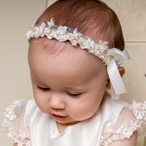 Baby Girls Christening Headband 'Leila' | Newborn Girl Headbands | Christening & Baptism Headbands | Baby Girl Lace Headbands | Ivory Silk