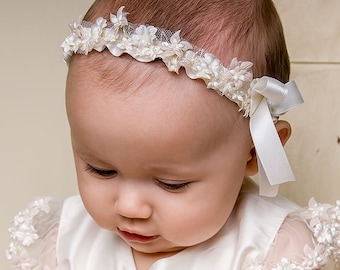 Baby Girls Christening Headband 'Leila' | Newborn Girl Headbands | Christening & Baptism Headbands | Baby Girl Lace Headbands | Ivory Silk