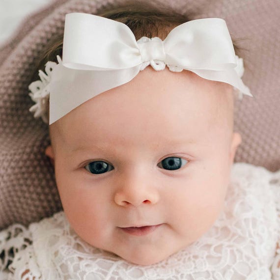 Ivory Lace Baby Headband | Silk Bow Christening Headband  display picture 3
