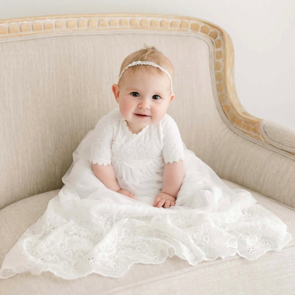 SALE -'Eliza' Girls Blessing Gown | White Cotton & Light Ivory Lace | Baptism and Christening Gown | New W/ Imperfections | FINAL SALE