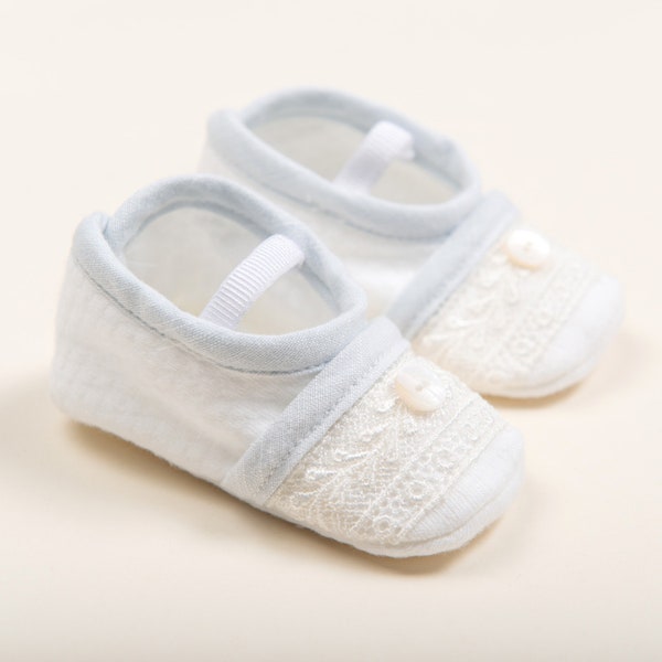 Baby Boy Cotton Booties 'Harrison' | Boy Baby Booties | Christening & Baptism Booties | White Cotton Boy Booties | Blessing Booties for Boys