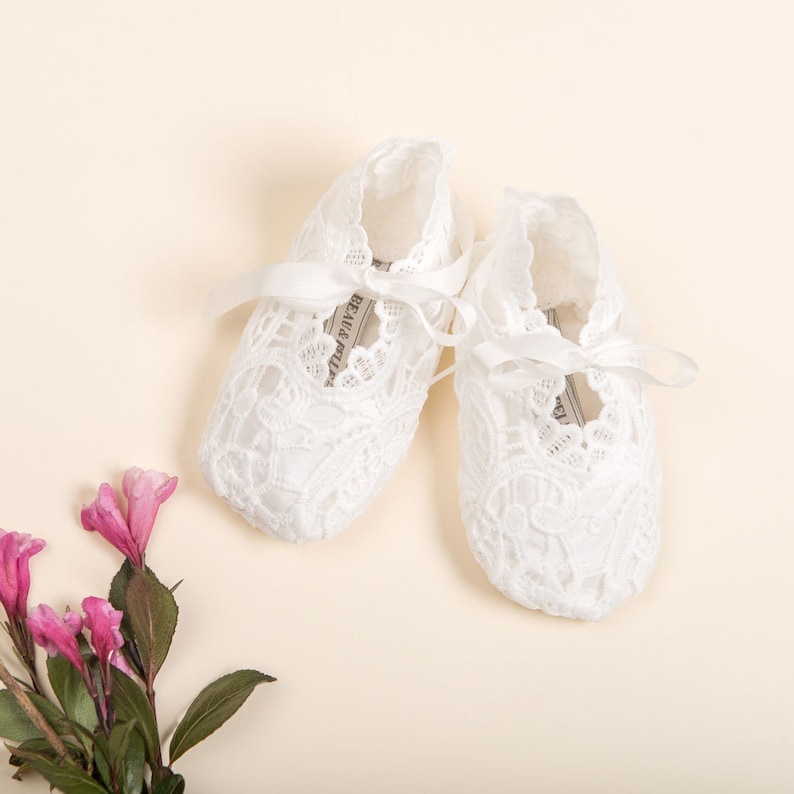 Baby Girls Shoe for Christening Dress Cream Baptism Flowers Laces Shoes