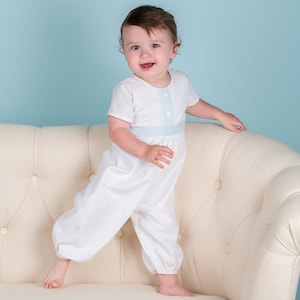 Sample Sale | Baby Boy Christening Linen Jumpsuit &#39;Finn&#39; | White Linen Baby Boy Jumpsuit | White Linen Romper | FINAL SALE
