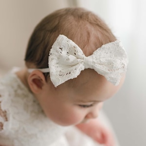 Baby Girl Lace Headband Bow &#39;Rose&#39; | Baby Girl Headbands | Christening & Baptism Headbands | Ivory Lace Baby Bow - Rose