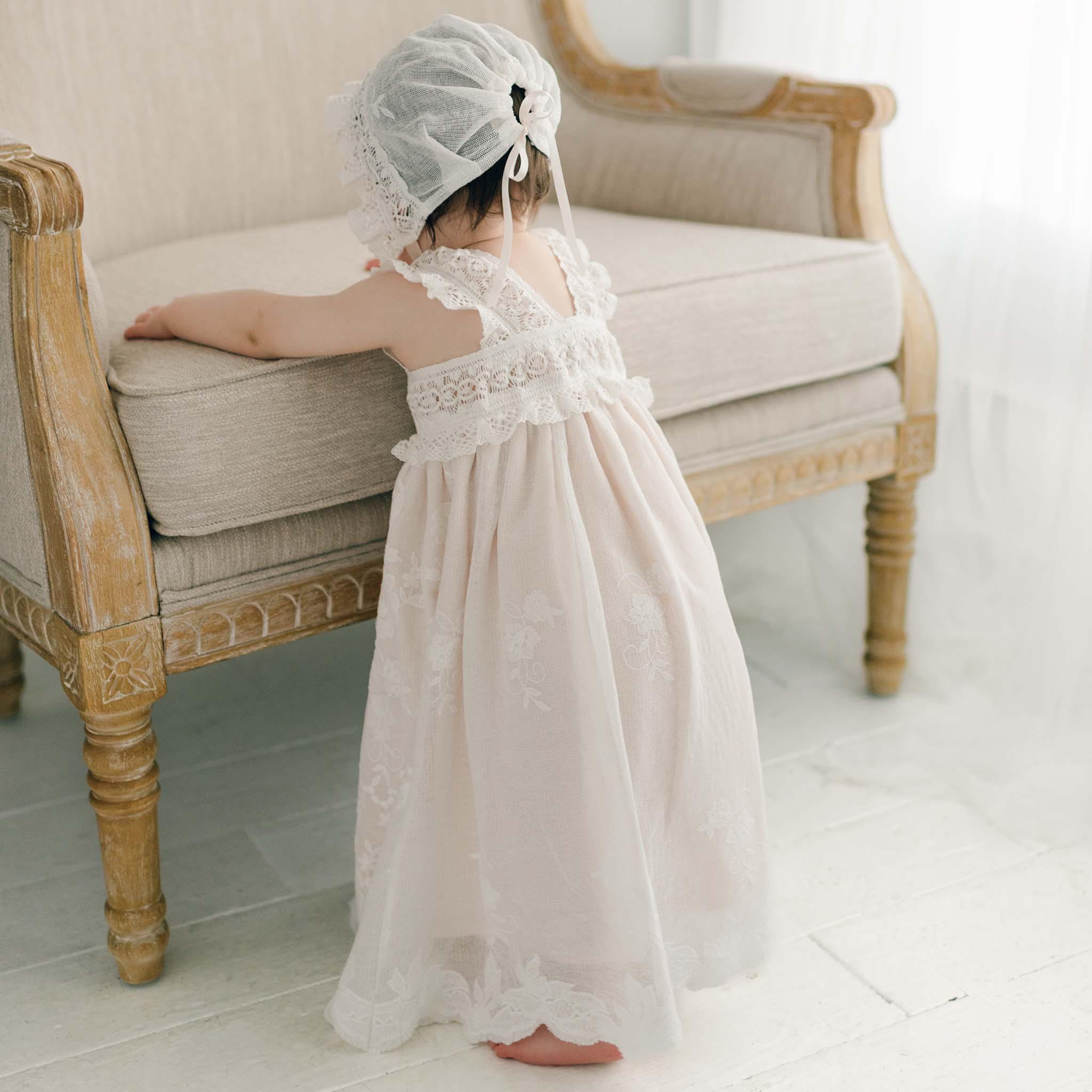 Vintage Inspired Lace Baby Bonnet | Christening Hat, Blush  display picture 2