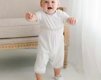 Baby Boy Short Sleeved Romper | Harrison Romper | Christening & Baptism Outfits | New with Imperfections - Sale