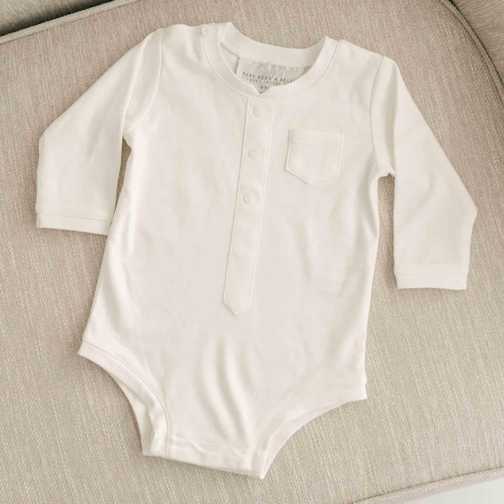 Baby Boy Pima Cotton Bodysuit White OR Ivory Button Pocket
