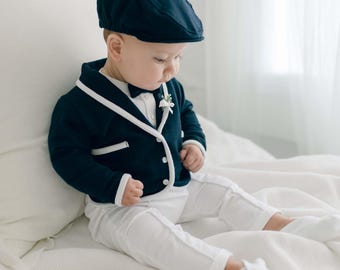 Baby Boy Wedding Suit | Navy Jacket, White Pants & Bodysuit | Elliot