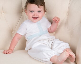 Baby Boy Christening Jumpsuit 'Finn' | White Linen Romper | New with Imperfections - Sale
