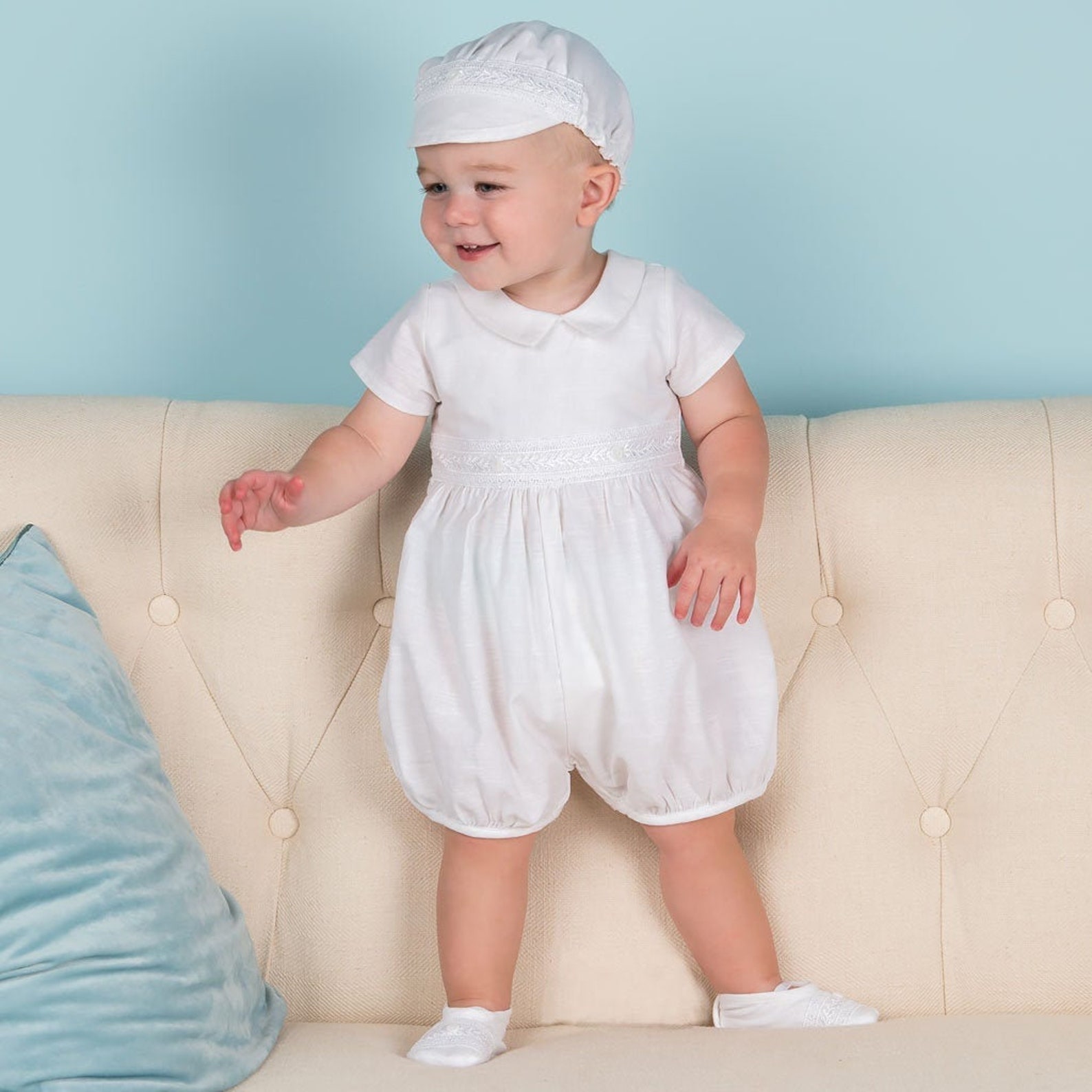 SALE Baby Boys Baptism Romper 'Oliver White' Linen Etsy