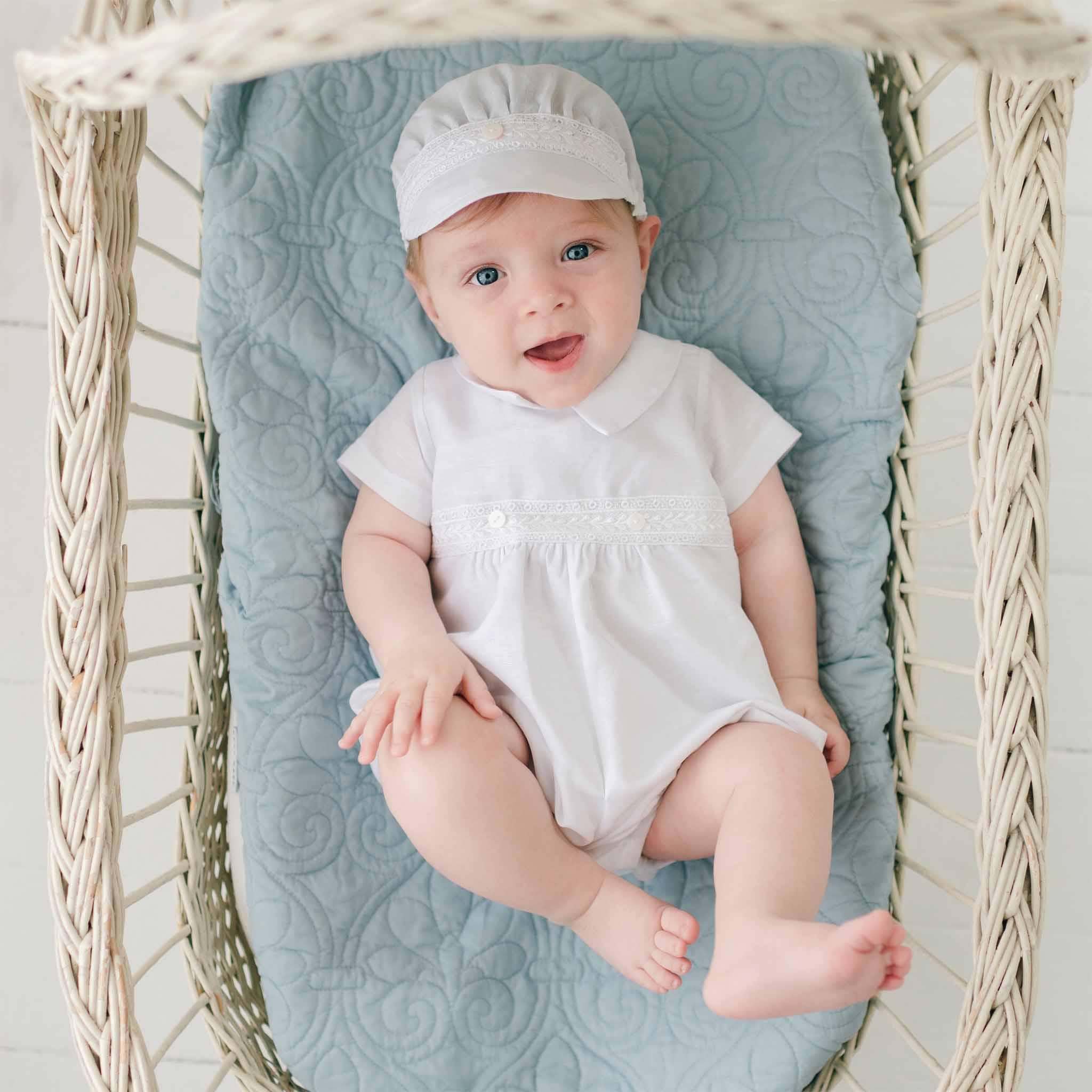 White Linen Baby Romper 'Oscar' Boys Christening Baptism Blessing Outfit New with Imperfections - Sale