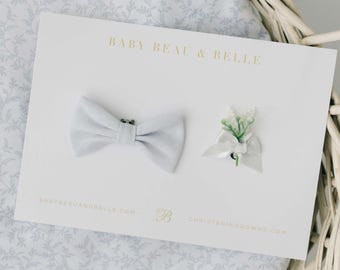 Light Blue Linen Baby Bow Tie & Boutonniere Set | Harrison