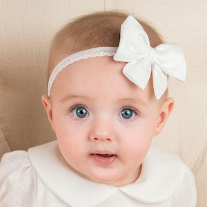 Baby Linen Bow Headband &#39;Emma&#39; - Ivory Linen | Newborn Girl Headbands | Christening & Baptism Headbands | Baby Girl Headbands | Headbands