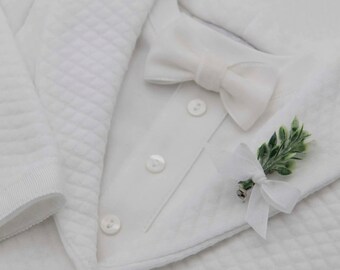 Baby Boy White Bow Tie & Boutonniere ‘Ezra’ | Baby Boy Velvet Bow Tie | Baby Boy Christening | Baby Baptism | Boys Formal Suit  | FINAL SALE