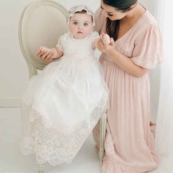 SALE -Christening Gown Baby Girl 'Joli' | Baby Girls Pink Lace Gown | Baby Girl Baptism Gown | Baby Girls Blessing Gown | FINAL SALE