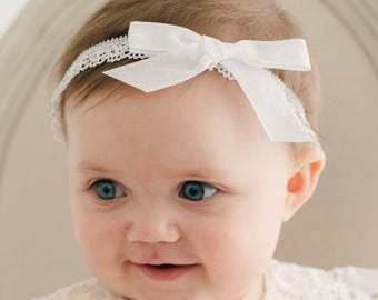 Ivory Lace Baby Headband | Christening Baptism, Handmade Bow | 'Poppy' Collection
