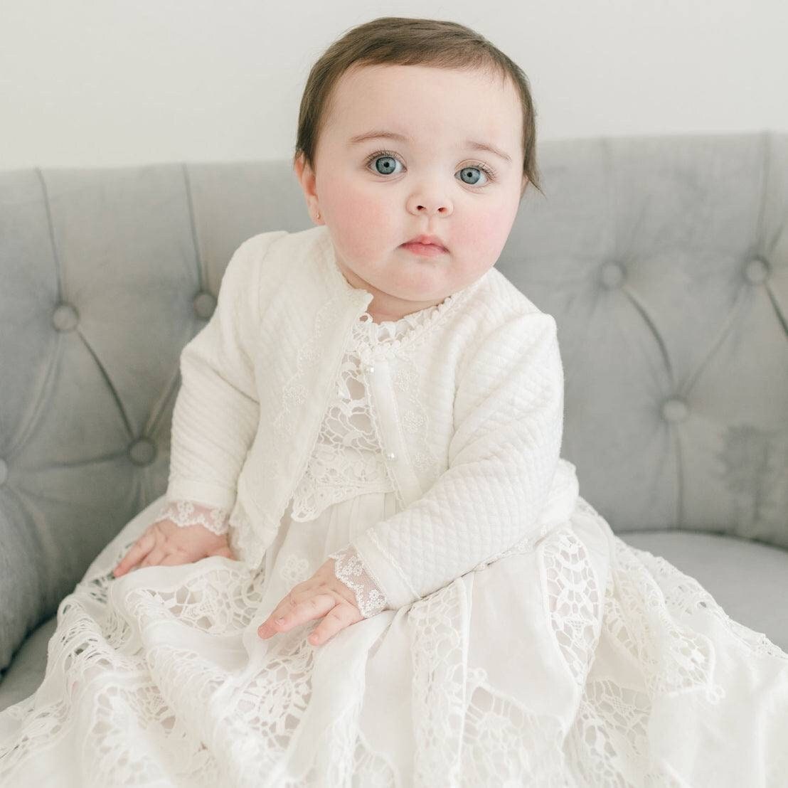 Sample Sale Christening Quilted Cotton Sweater 'Grace' Baptism Sweater Baby Girl Cotton Sweaters FINAL SALE
