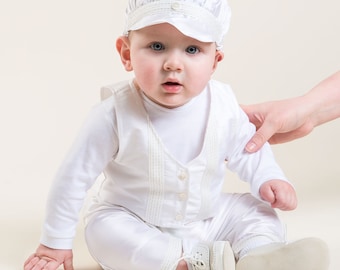 SOLDES - Costume sans manches en soie pour bébé garçon | Ensemble de baptême en soie pour garçon | Costume pour bébé garçon | Tenues de baptême pour garçons | Ensemble pour bébé en soie - Blanc - VENTE FINALE