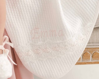 SALE | Baby Girl Ivory Cotton and Lace Blanket 'Emma' | Personalized Blanket | Christening & Baptism Blanket | Baby Blanket | FINAL SALE